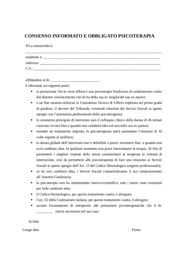 Consenso Informato e Obbligato alla Psicoterapia per le Coppie